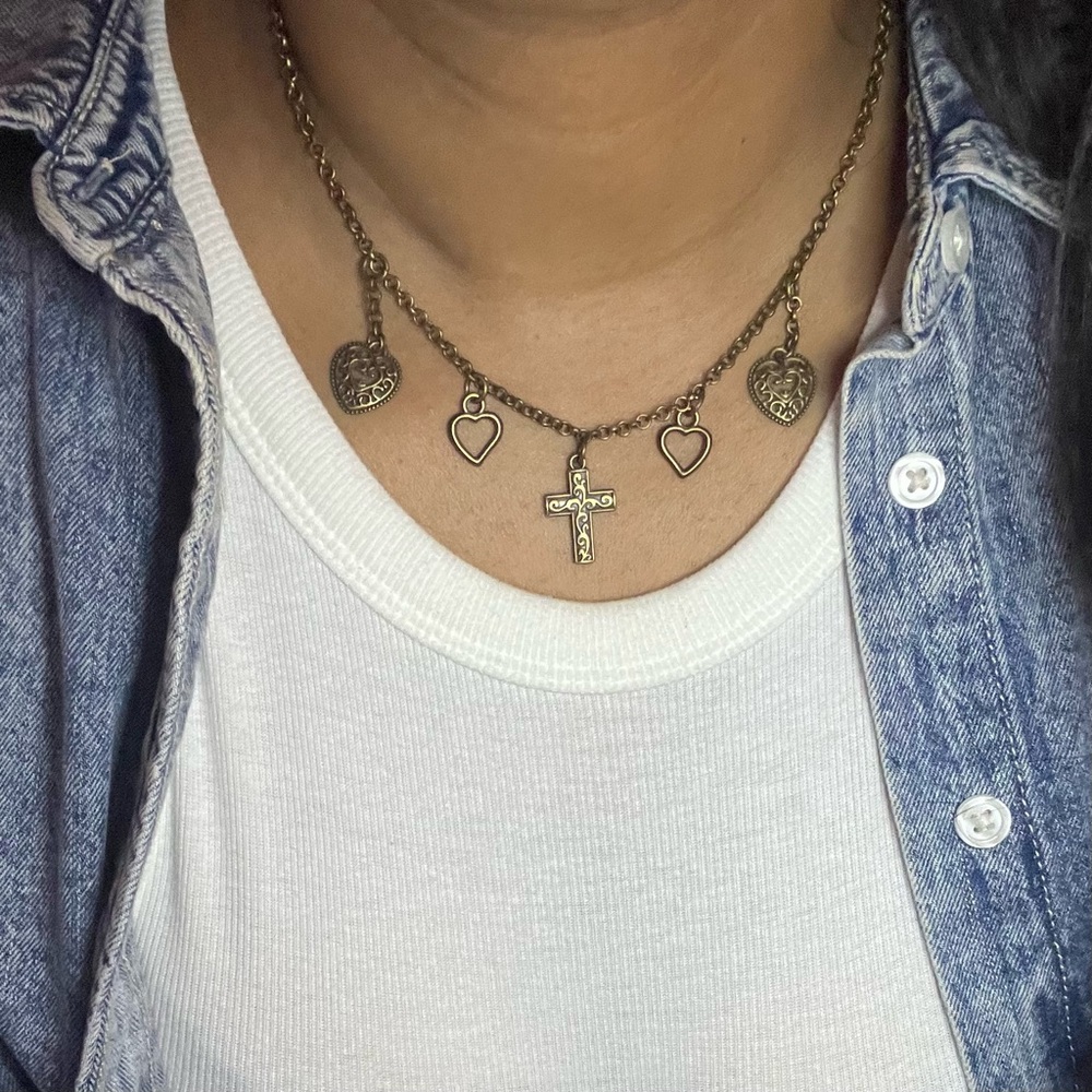 Antique Bronze Heart Cross Charm Necklace - Picture 3 of 3
